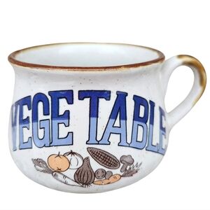 Vintage 1970s Stoneware Vegetable Soup Bowl with Blue Lettering